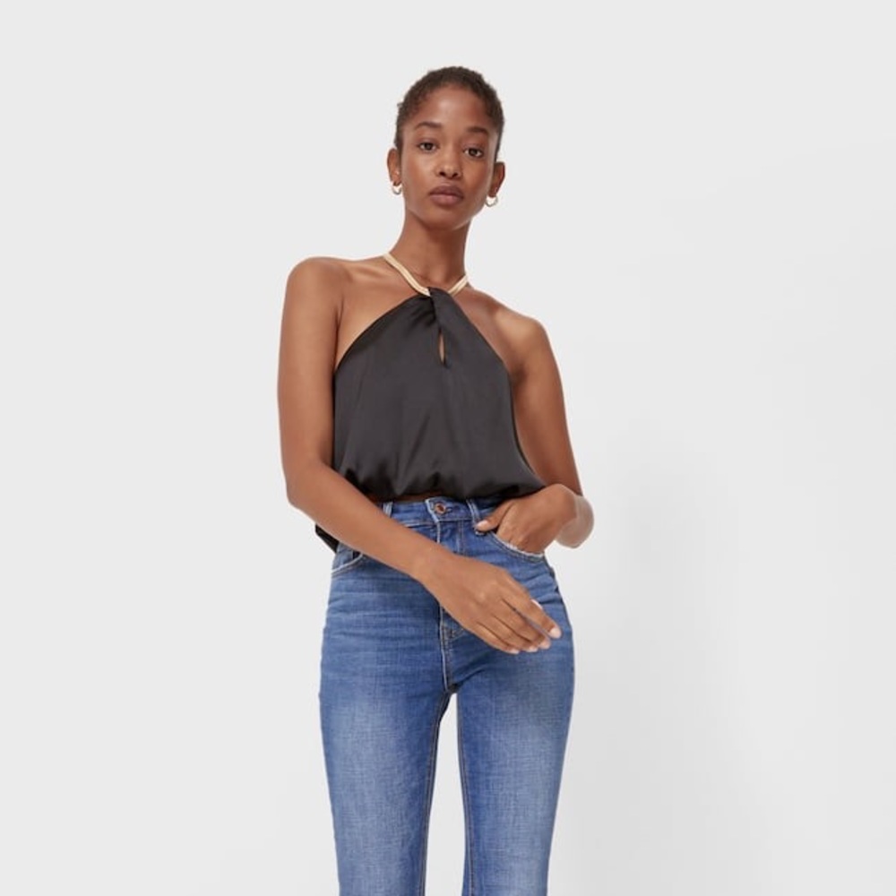 Stradivarius NWT Black halter top with gold chain